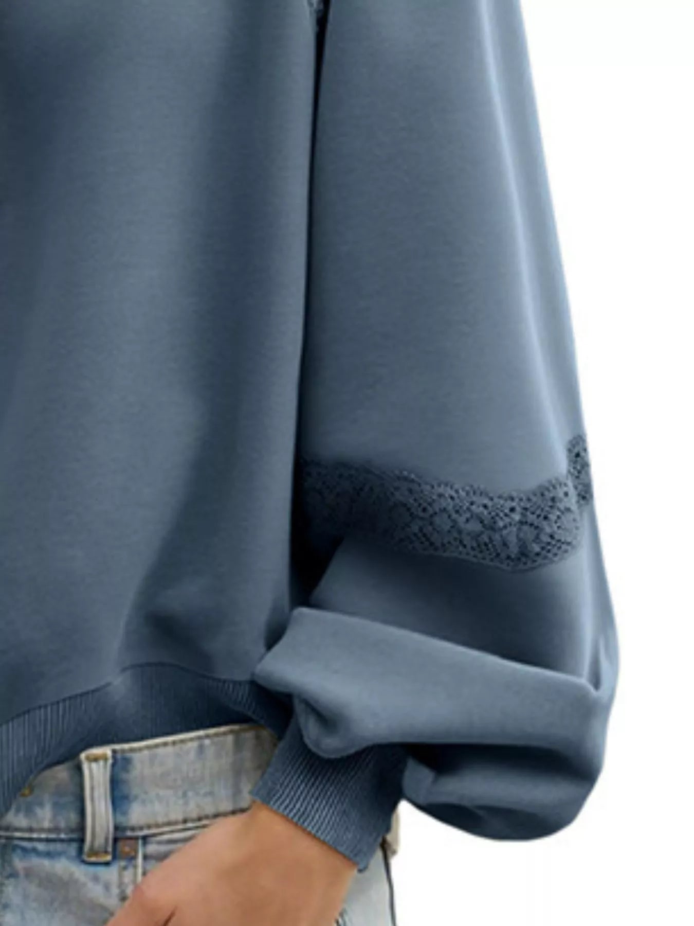 Lace Detail Notched Long Sleeve Sweatshirt Trendsi