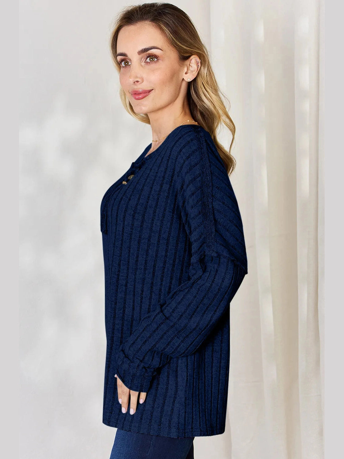 Basic Bae Full Size Ribbed Half Button Long Sleeve T-Shirt nicholesgifts