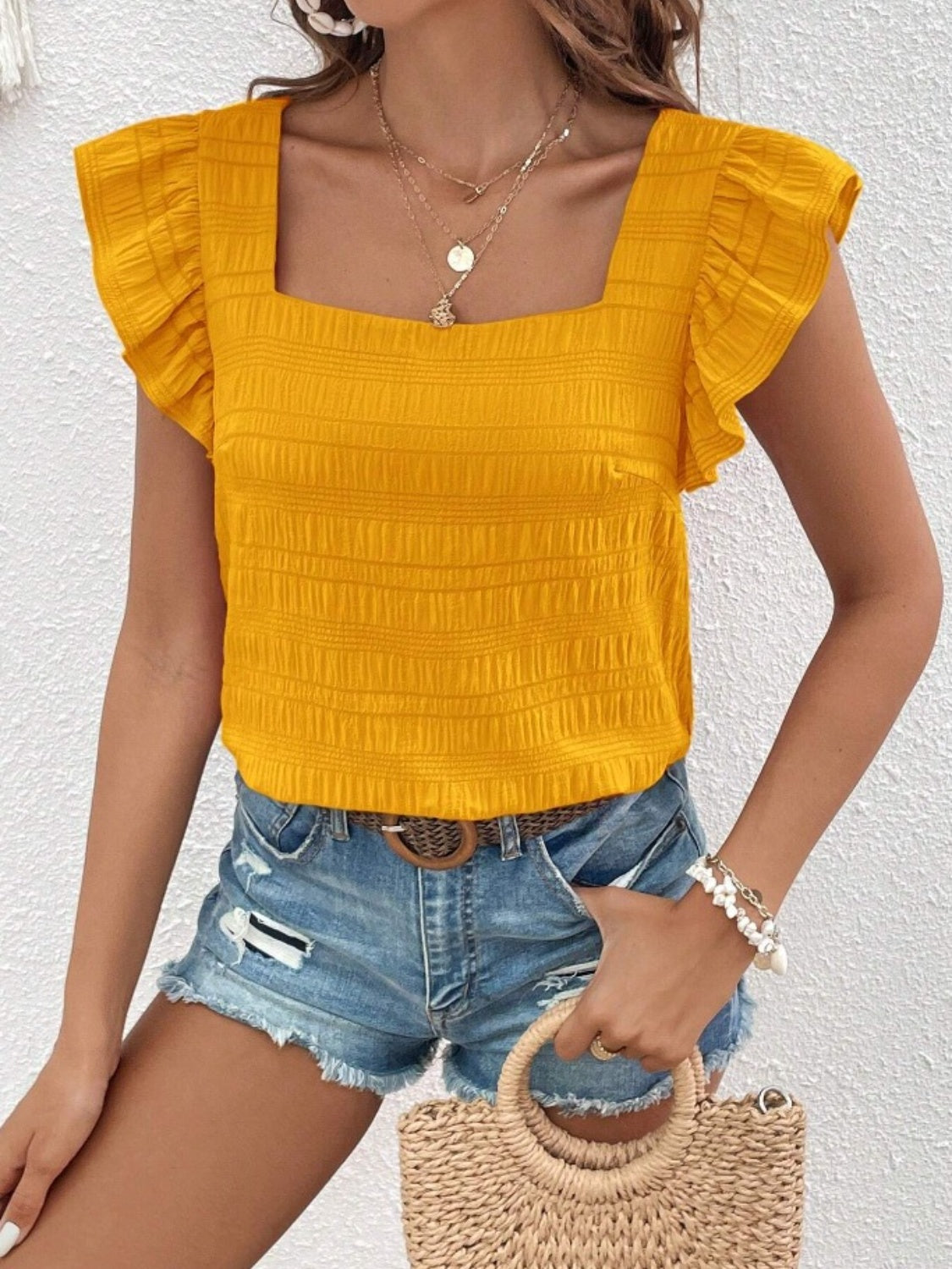 Ruffled Square Neck Cap Sleeve Blouse nicholesgifts