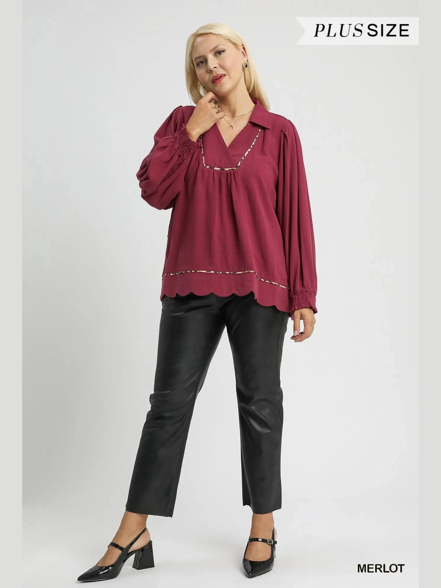 Women Umgee Full Size Linen Scallop Hem Long Sleeve Blouse with Contrast Trim Plus Size NicholesGifts