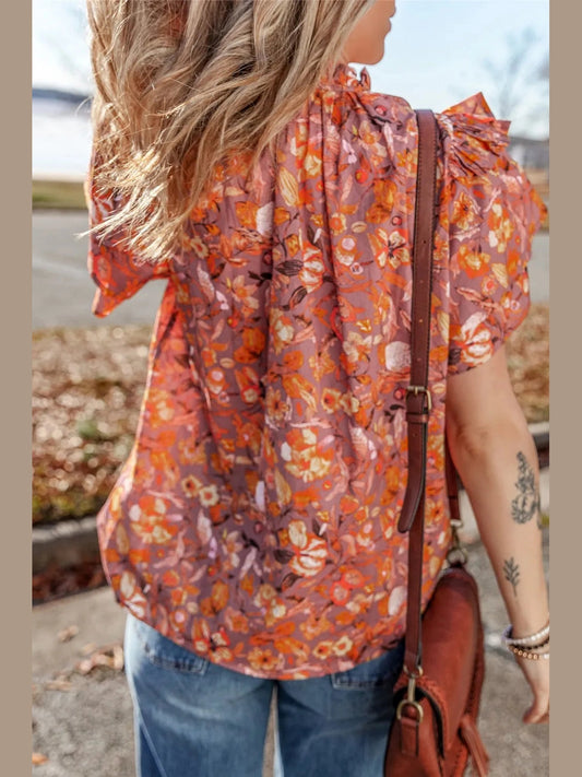 Floral Ruffled Layered Short Sleeve Tie Neck Blouse NicholesGifts