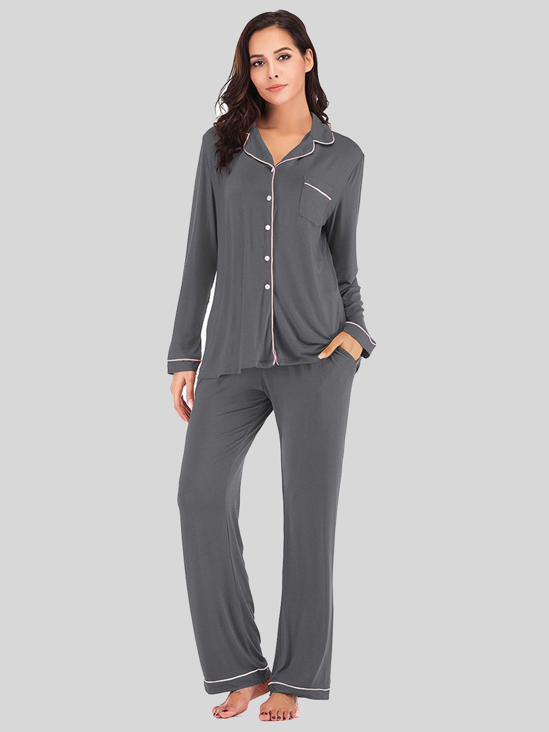 Collared Neck Long Sleeve Loungewear Set with Pockets nicholesgifts