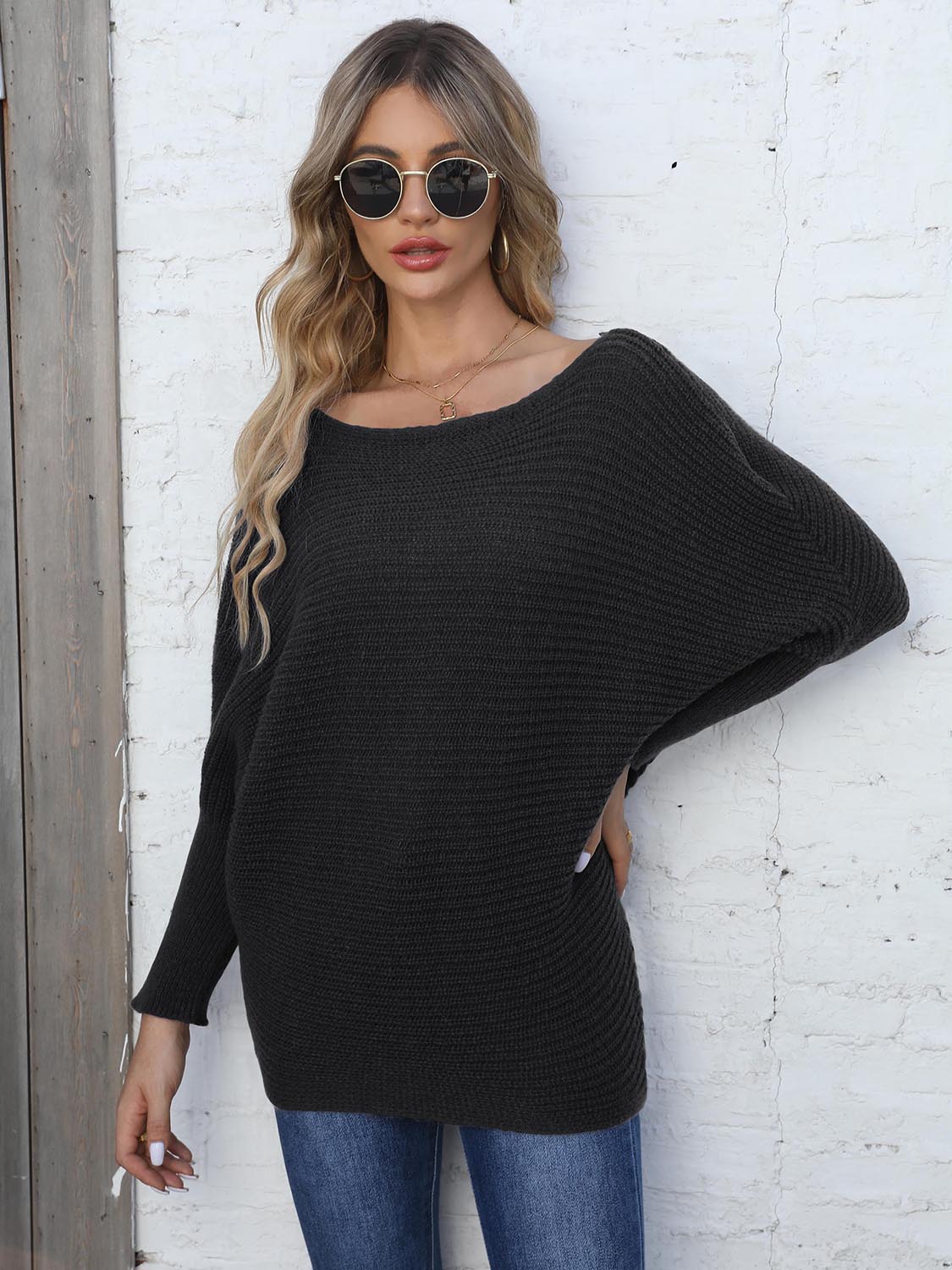 Full Size Horizontal Ribbing Dolman Sleeve Sweater Trendsi
