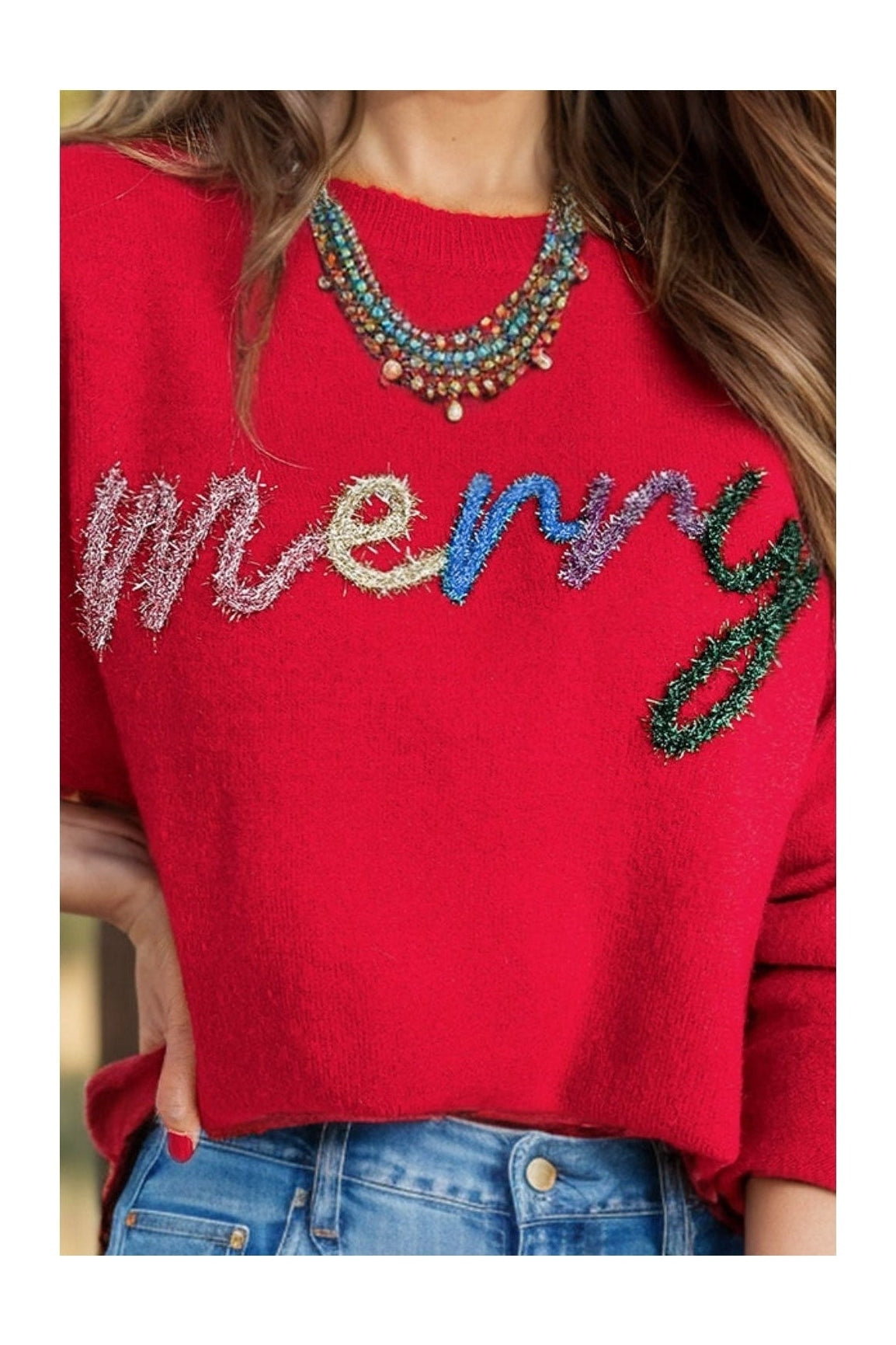 MERRY Round Neck Long Sleeve Sweater nicholesgifts