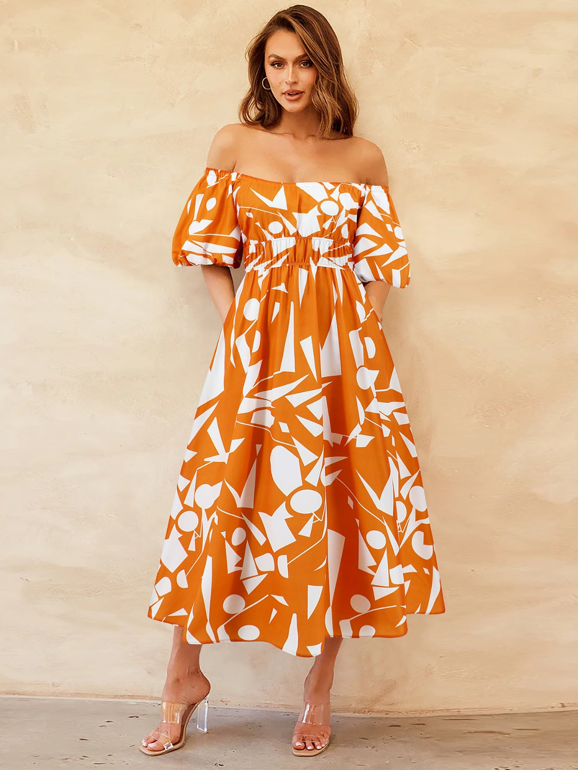 Printed Off-Shoulder Balloon Sleeve Dress nicholesgifts