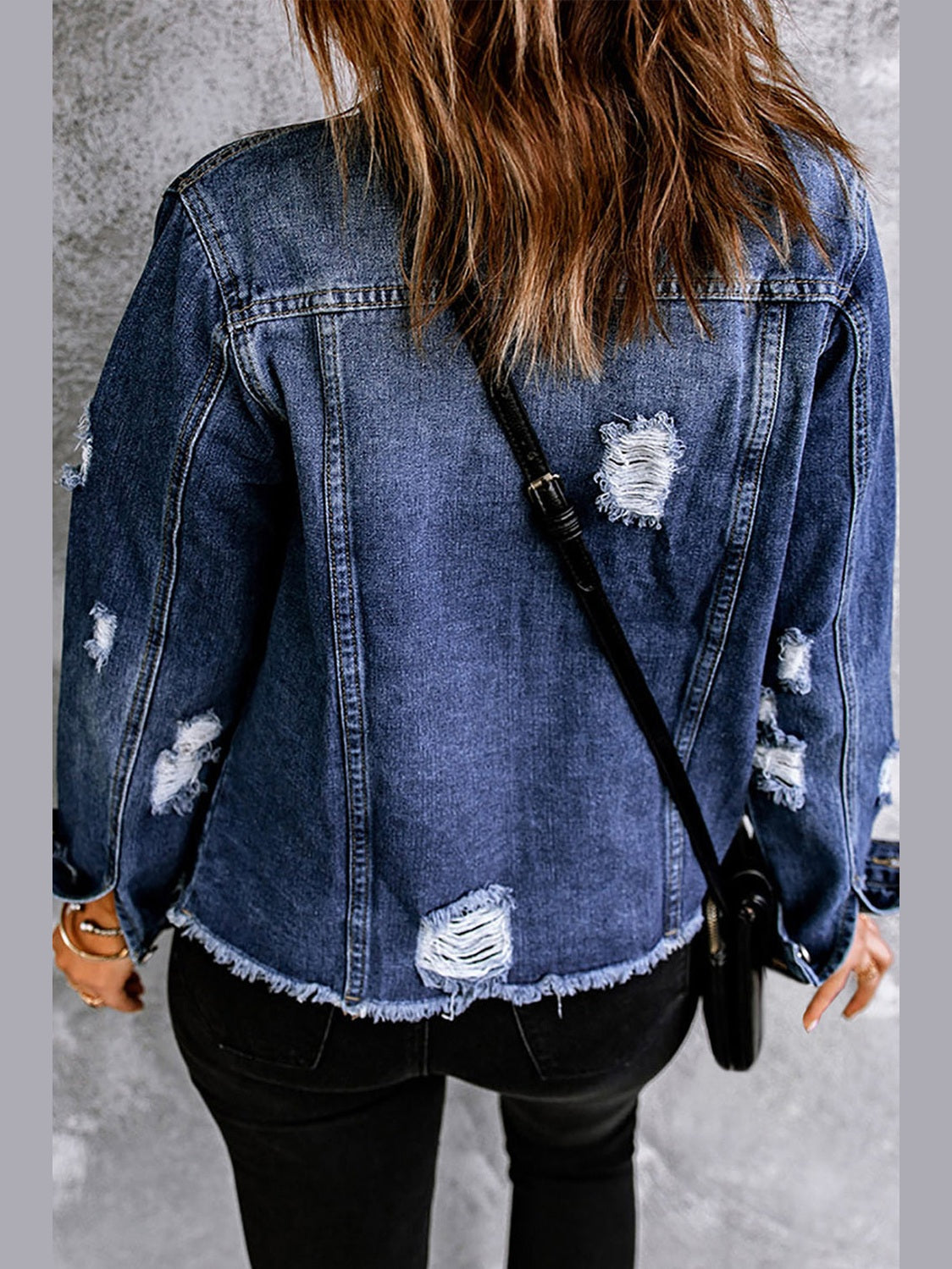 Mixed Print Distressed Button Front Denim Jacket nicholesgifts