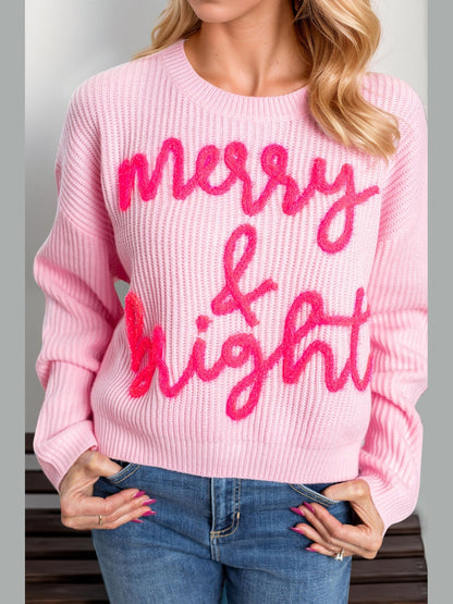 Women Double Take Full Size MERRY & BRIGHT Christmas Dropped Shoulder Cropped Sweater nicholesgifts