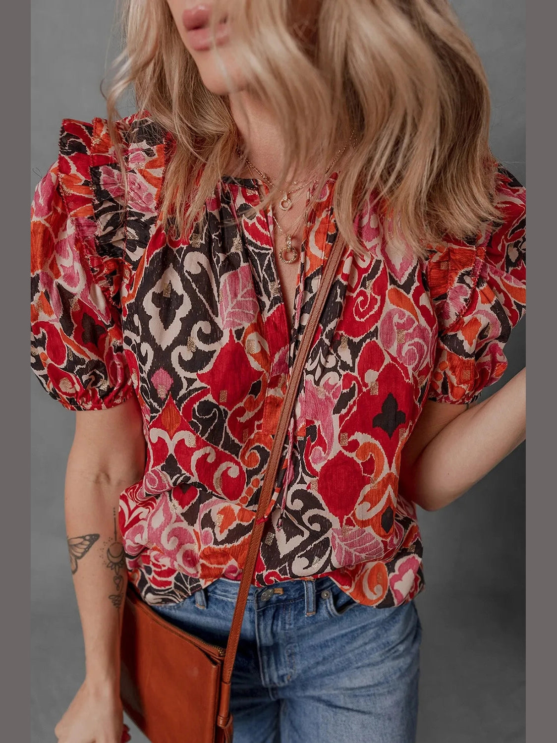 Ethnic Print Split Neck Short Puff Sleeve Blouse NicholesGifts