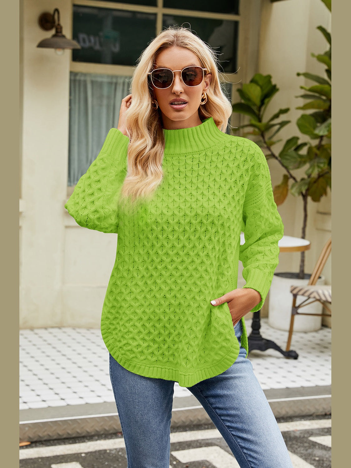Slit Long Sleeve Mock Neck Sweater Trendsi