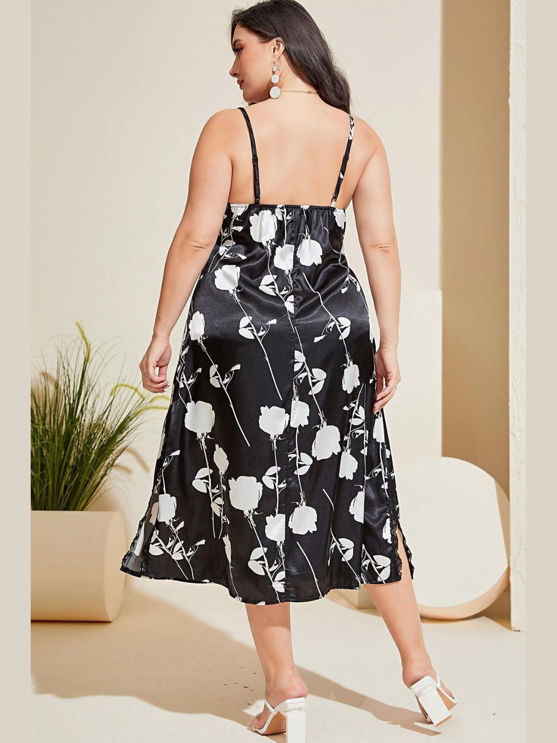 Plus Size Floral Lace Trim Side Slit Night Dress nicholesgifts