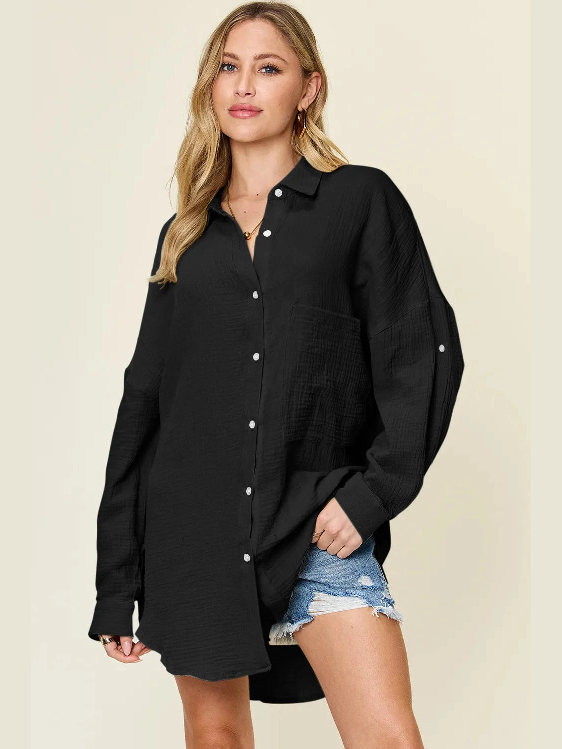 Double Take Full Size Pocketed Texture Button Up Shirt