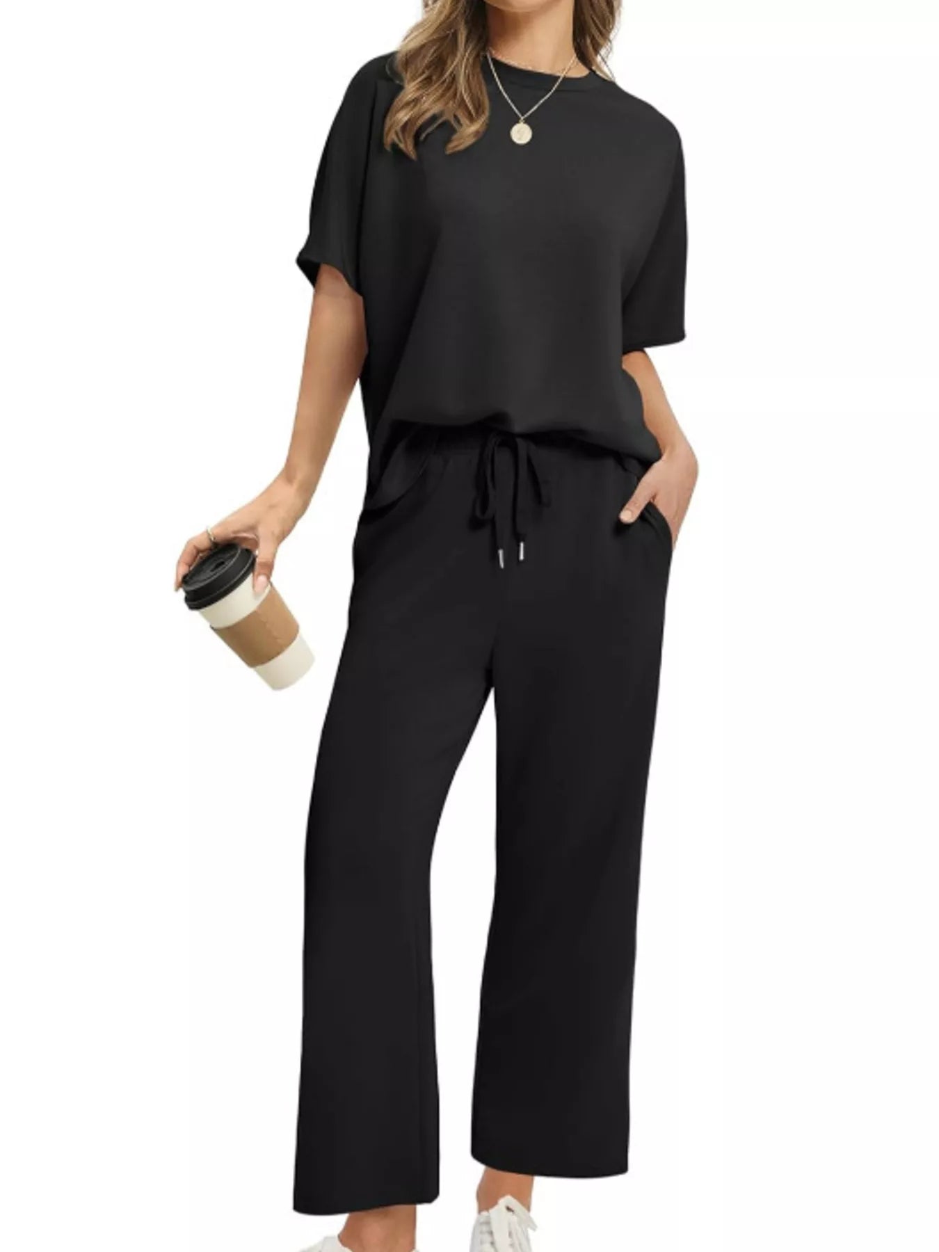 Full Size Round Neck Short Sleeve Top and Pants Set Plus Size Trendsi