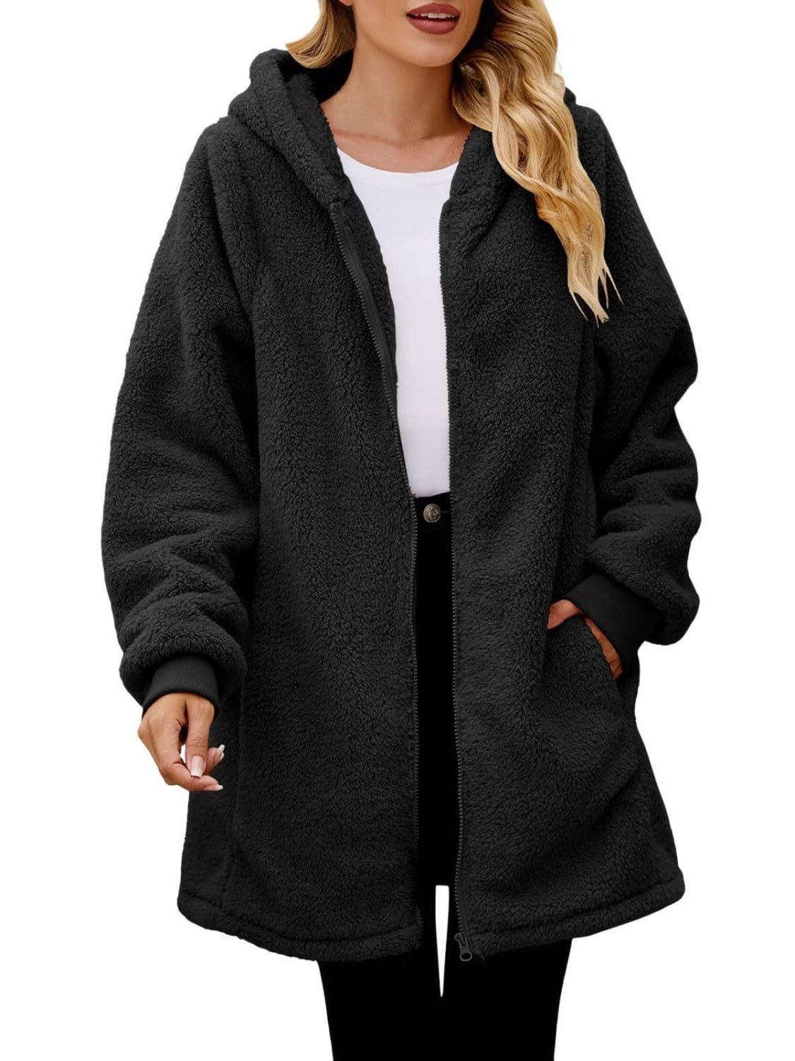 Fuzzy Pocketed Zip Up Long Sleeve Hooded Jacket NicholesGifts