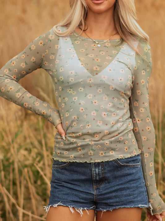 Floral Print Mesh Long Sleeve Top