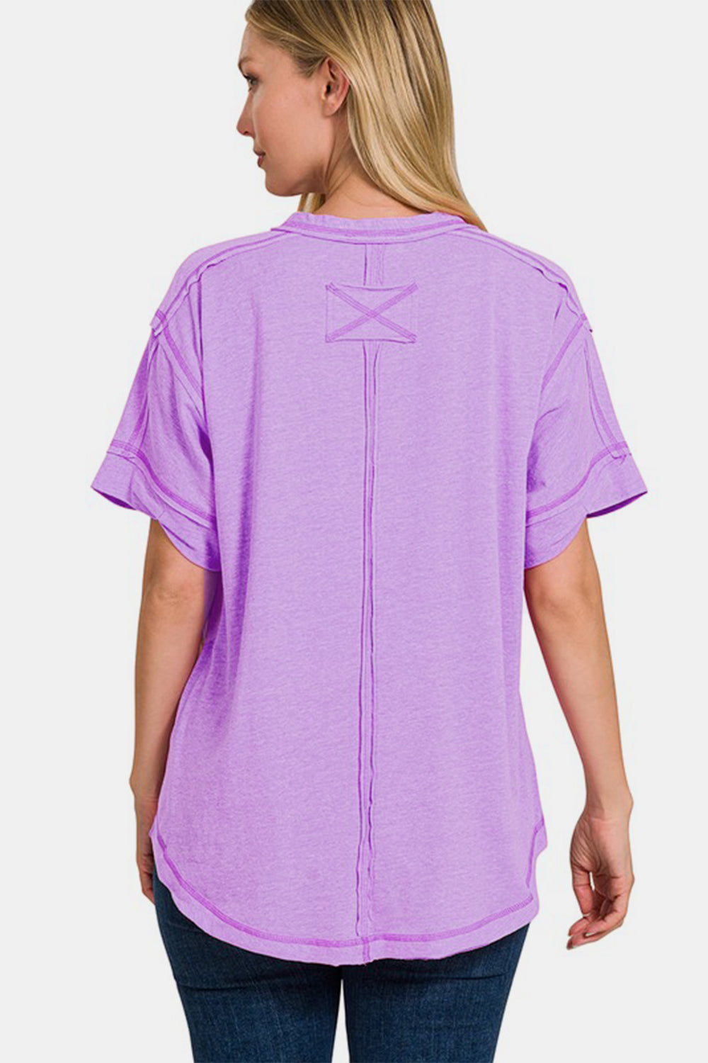 Zenana Exposed Seam Half Button Short Sleeve Top nicholesgifts