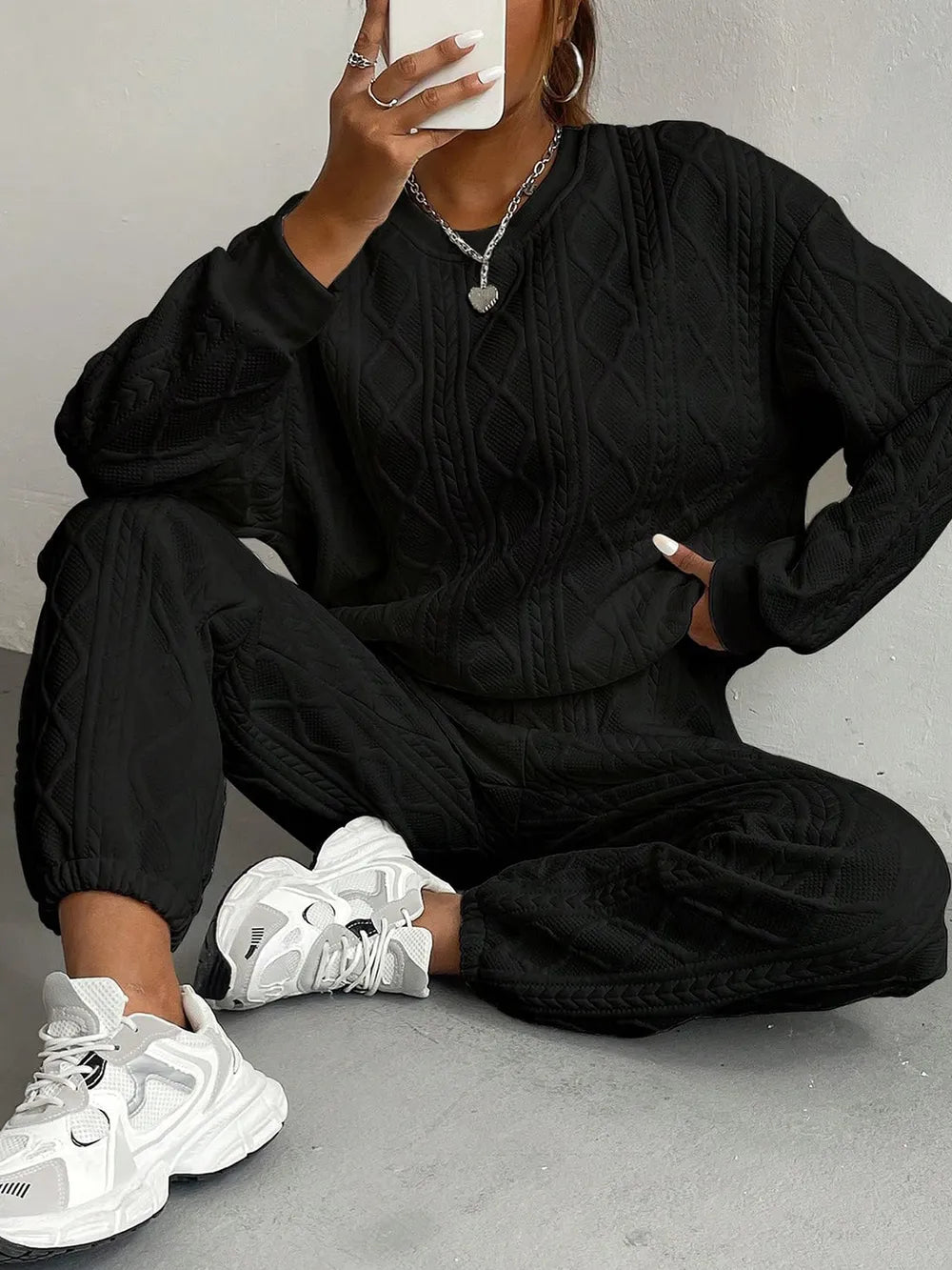 Texture Round Neck Top and Pants Set nicholesgifts