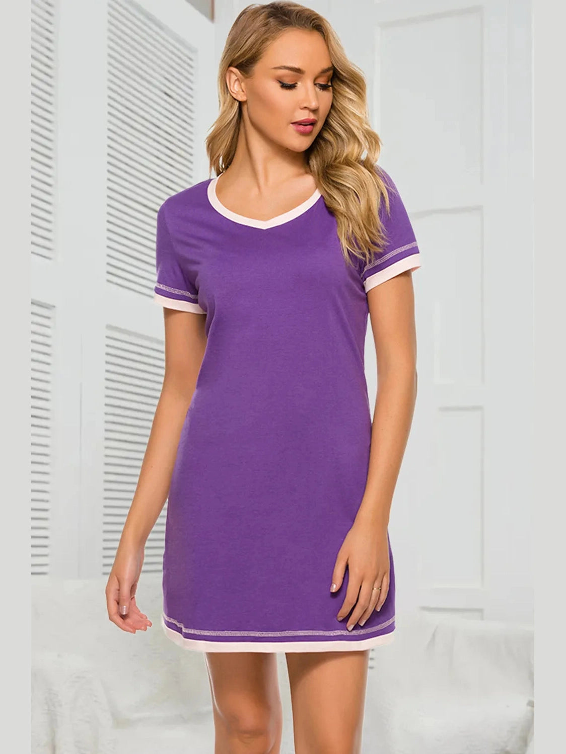 Contrast Trim Short Sleeve Lounge Dress nicholesgifts