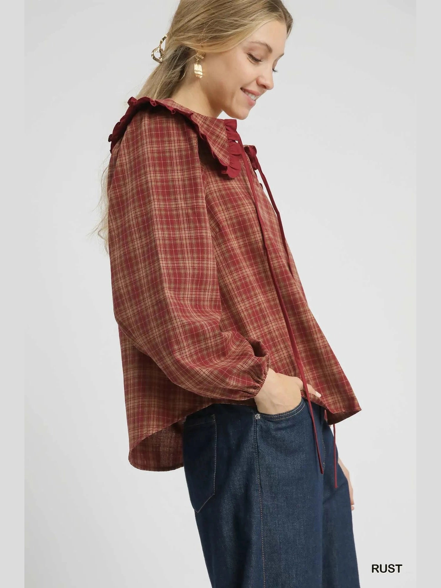 Umgee Full Size Plaid Ruffle Collar Blouse Plus Size NicholesGifts