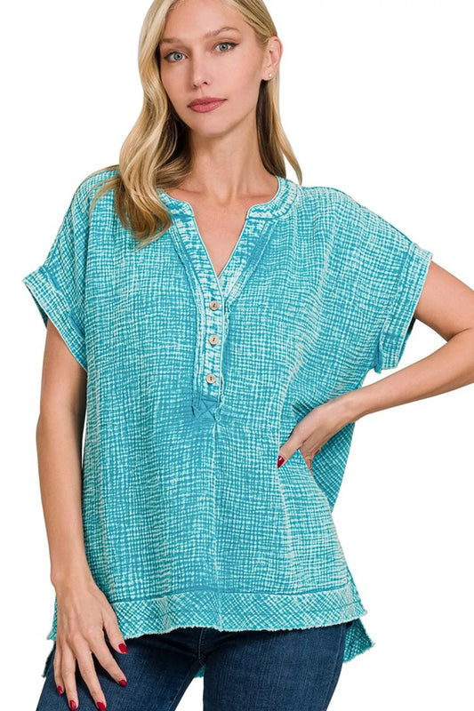 Zenana Washed Double Gauze 3/4 Button Henley Neck Shirt Trendsi