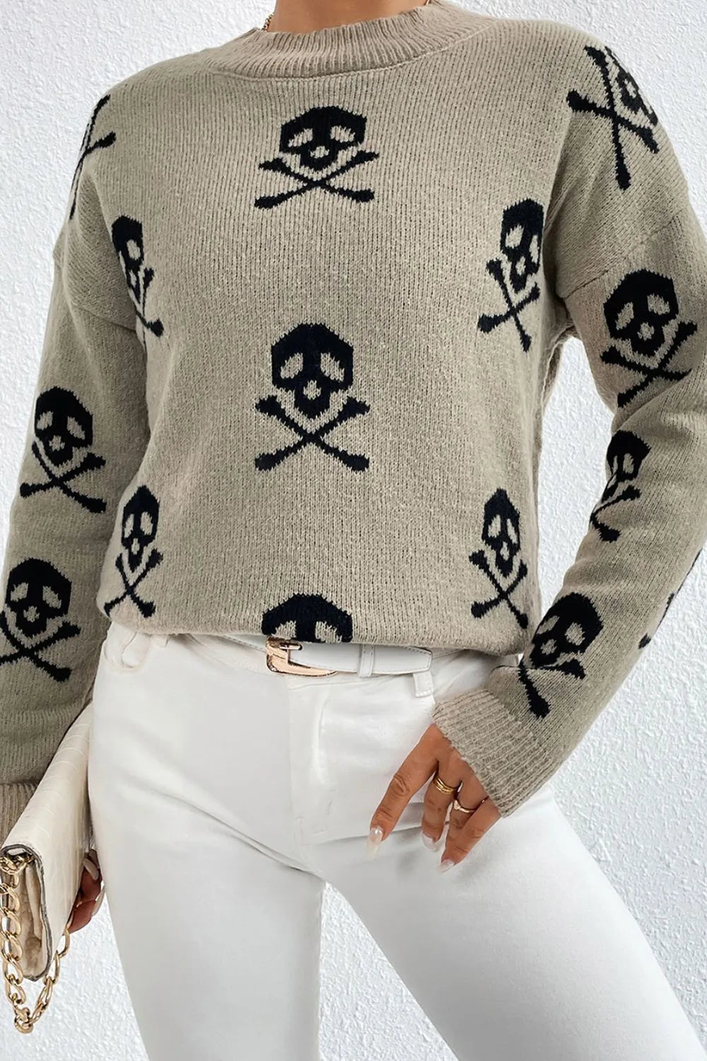 Women Graphic Mock Neck Dropped Shoulder Sweater