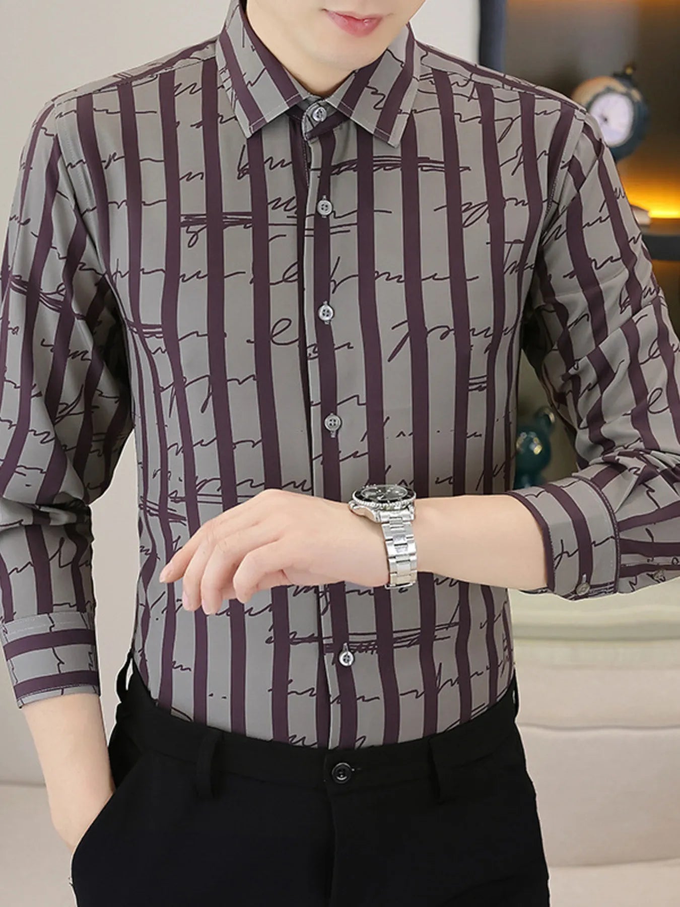 Men's Plus Size Striped Button Up Long Sleeve Shirt NicholesGifts