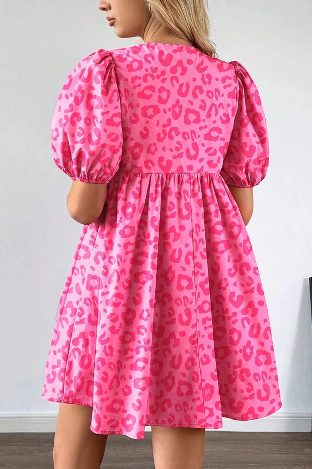 Leopard Tie Front Puff Sleeve Dress Trendsi