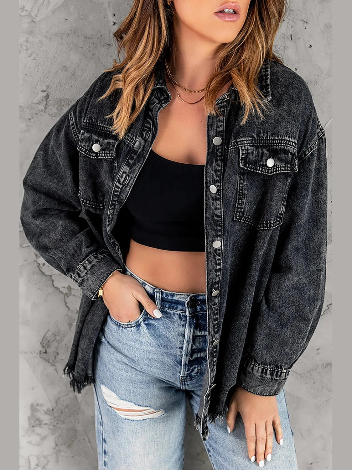 Button Up Pocketed Raw Hem Denim Jacket nicholesgifts