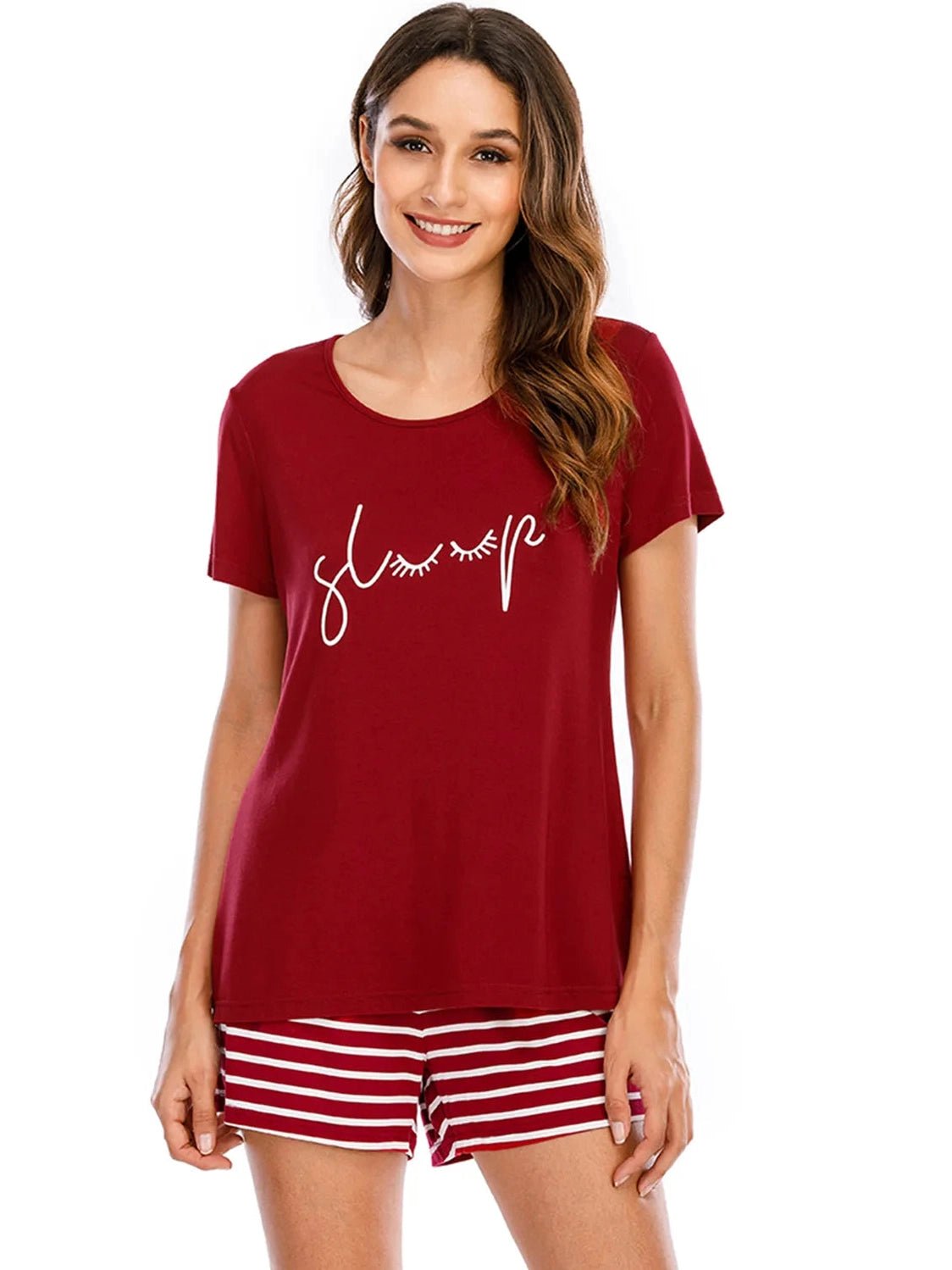 Graphic Round Neck Top and Striped Shorts Lounge Set nicholesgifts