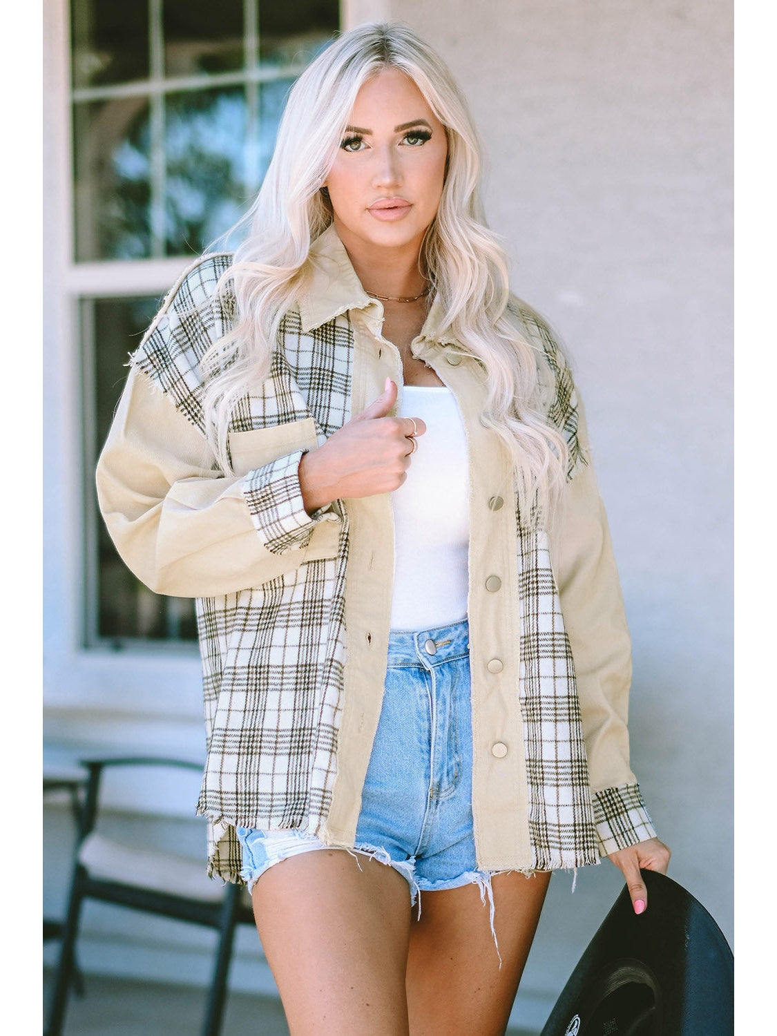 Plaid Raw Hem Button Down Jacket nicholesgifts