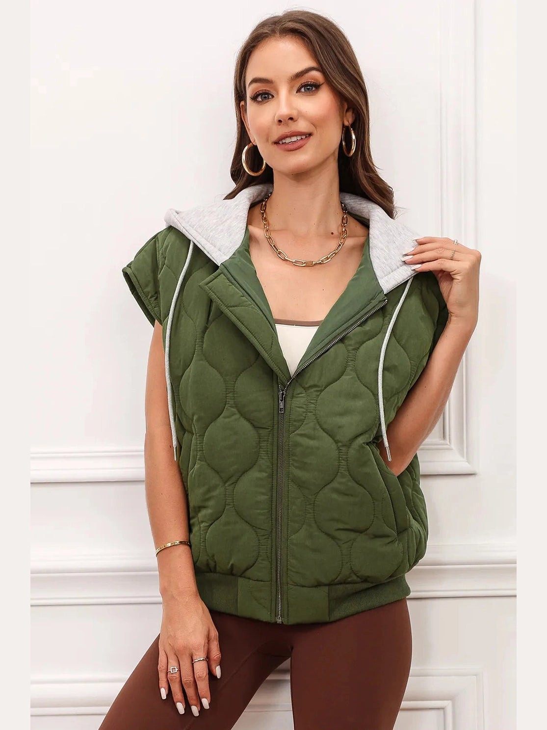 Drawstring Zip Up Hooded Vest Coat nicholesgifts