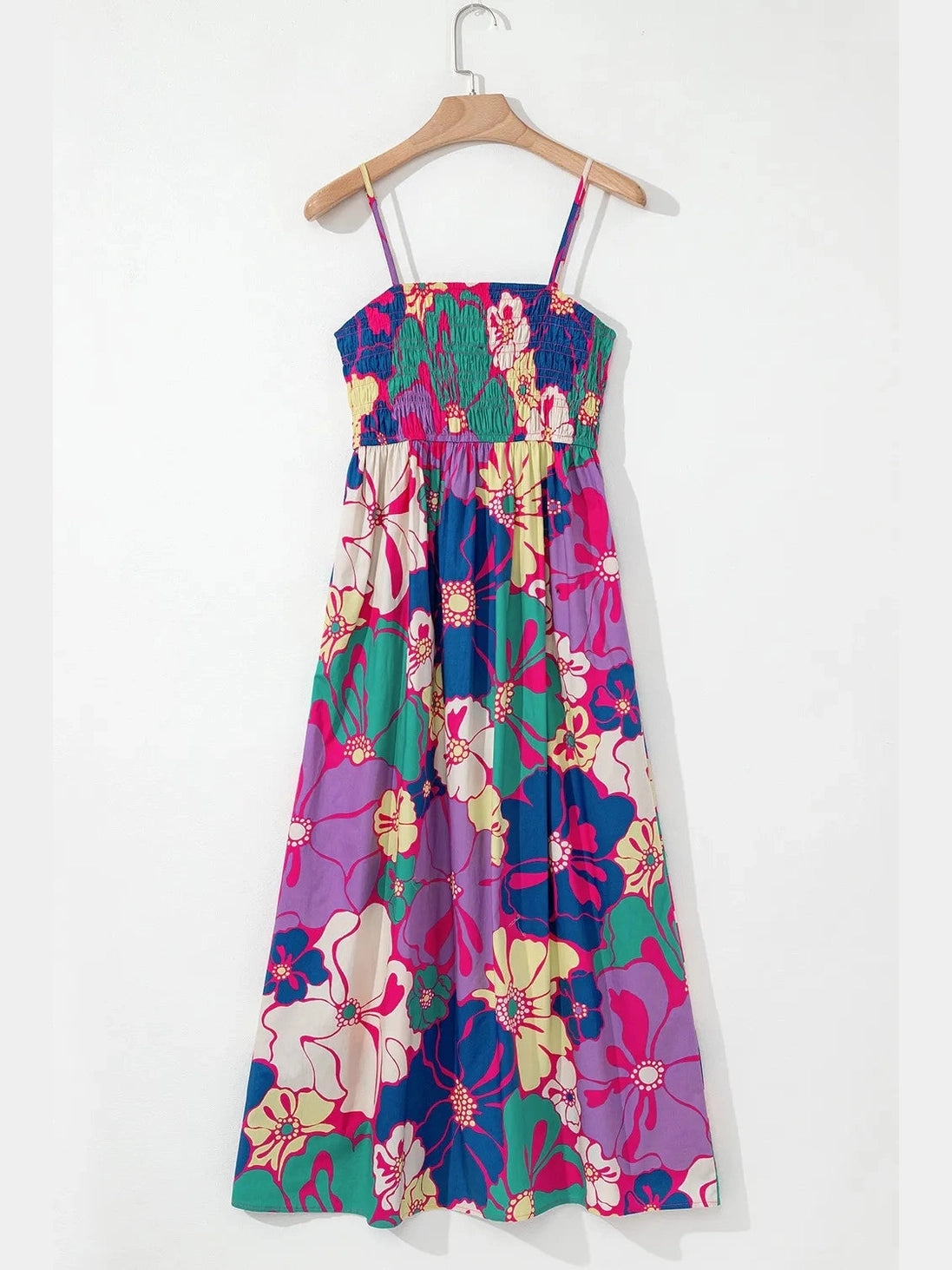 Floral Print Shirred Spaghetti Strap Loose Maxi Dress NicholesGifts