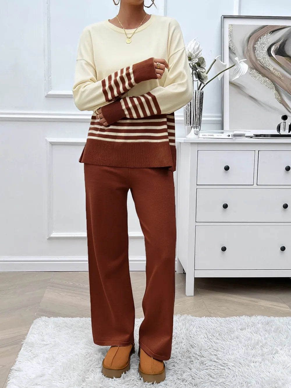 Devine Slit Striped Round Neck Top and Pants Sweater Set nicholesgifts