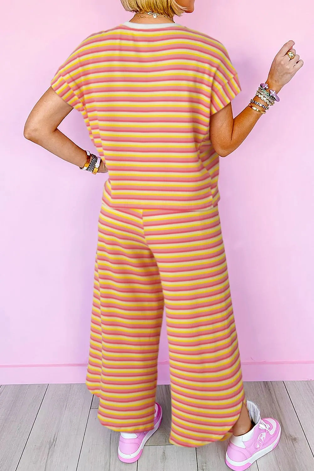 Striped Round Neck Short Sleeve Top and Pants Set NicholesGifts
