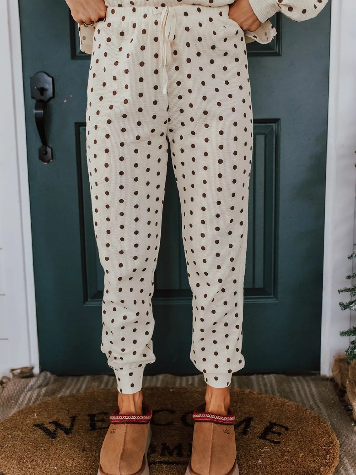 Polka Dot Notched Long Sleeve Top and Drawstring Joggers Lounge Set Trendsi