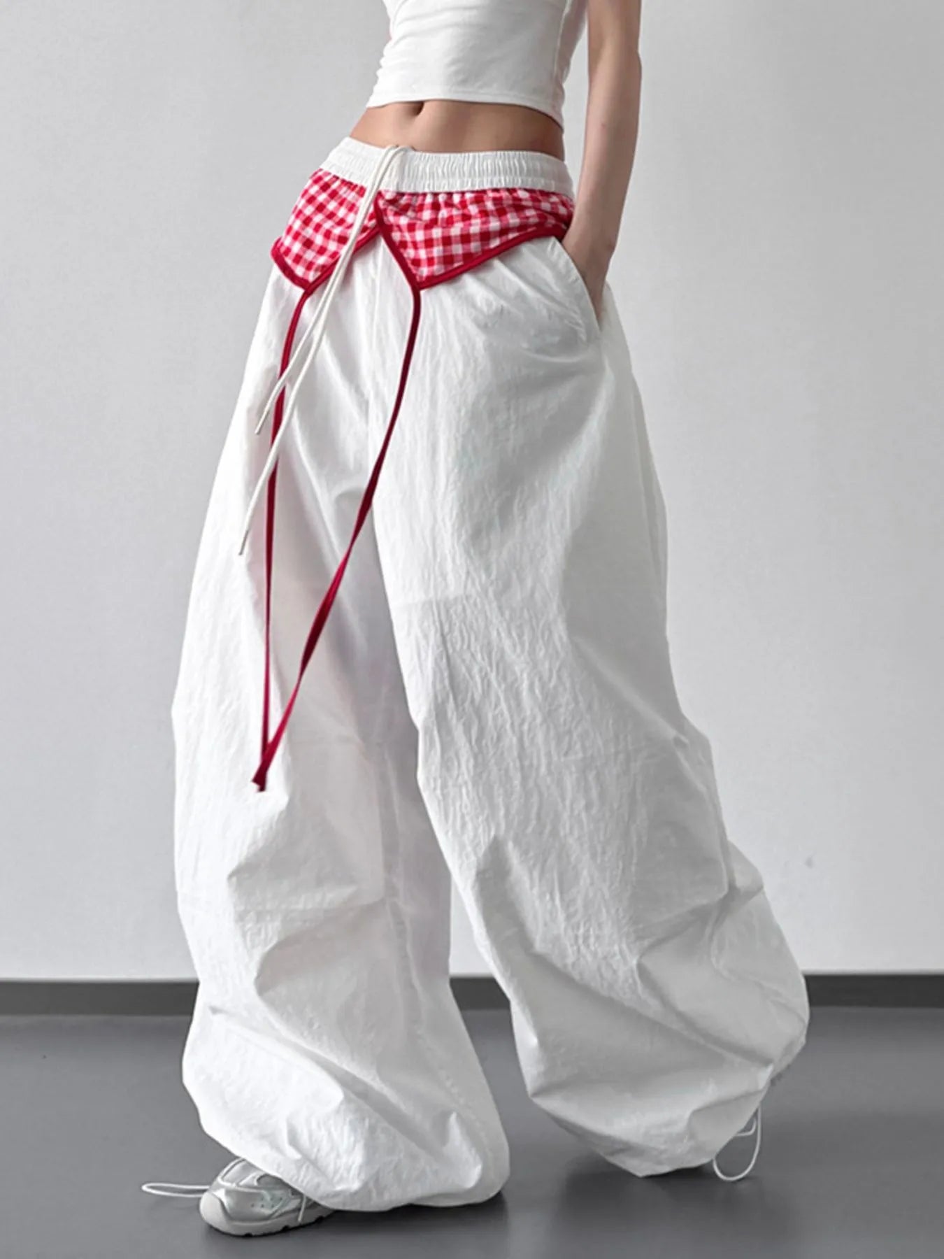 Wide Leg Pants with Checkered Detail Trendsi