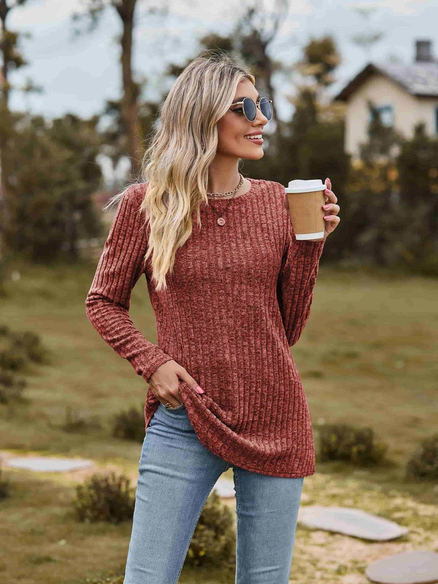 Ribbed Round Neck Long Sleeve Tee NicholesGifts