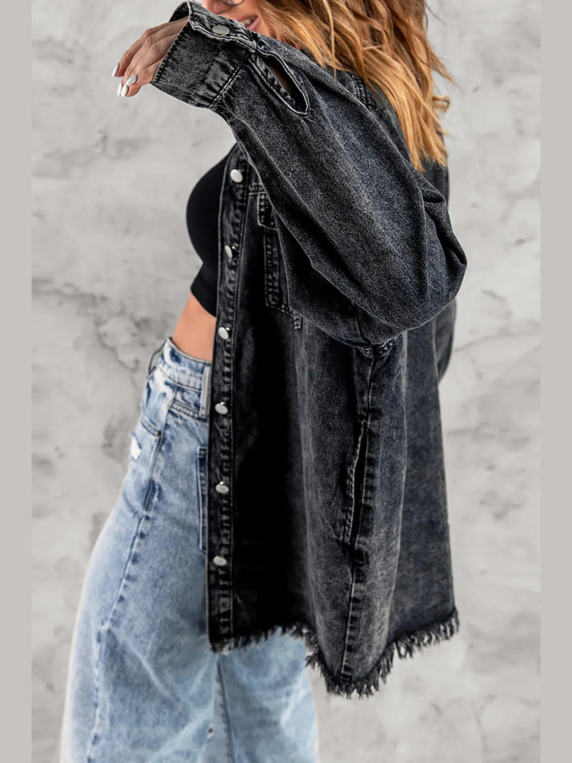 Button Up Pocketed Raw Hem Denim Jacket nicholesgifts