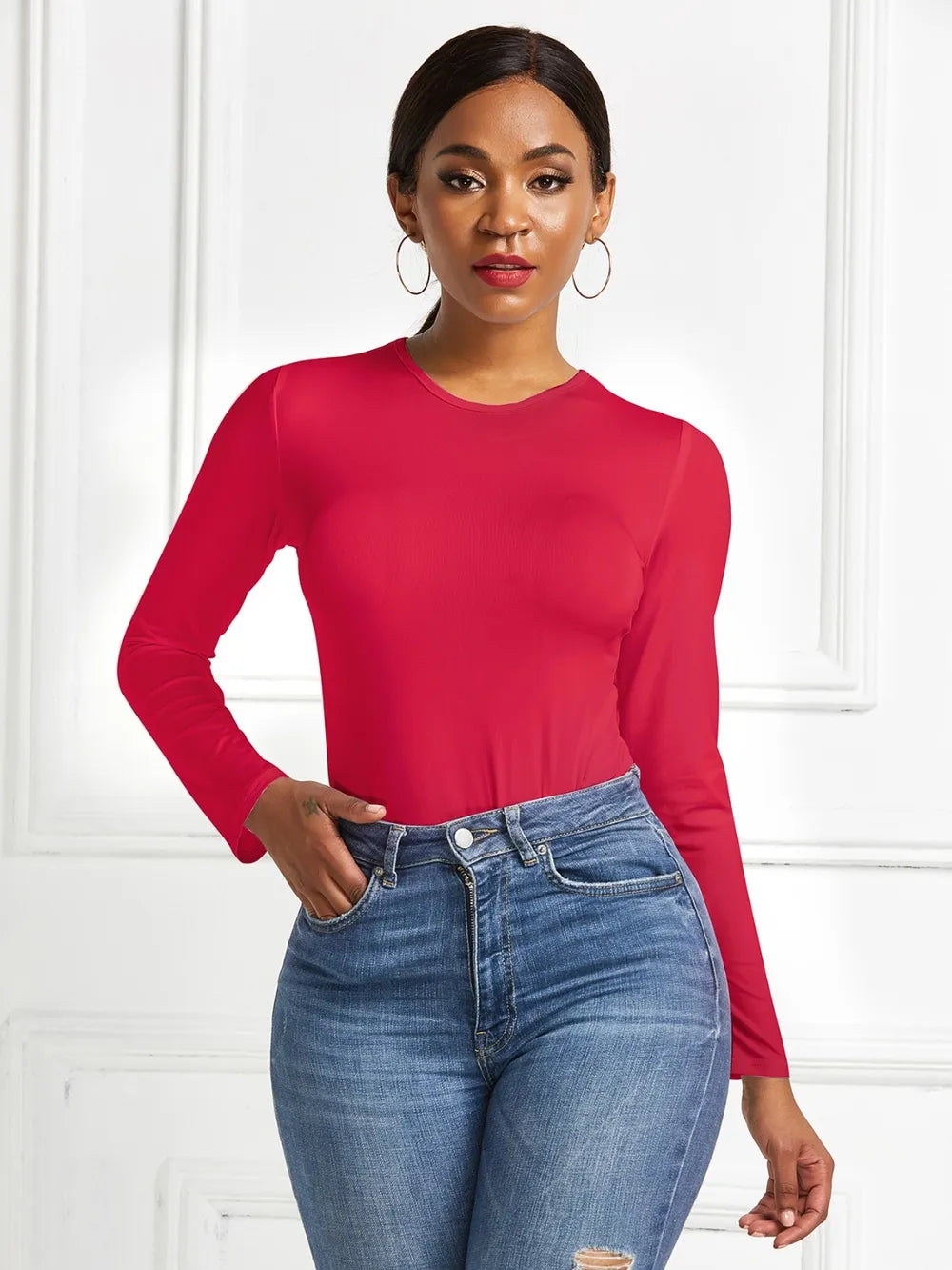 Round Neck Long Sleeve Bodysuit nicholesgifts