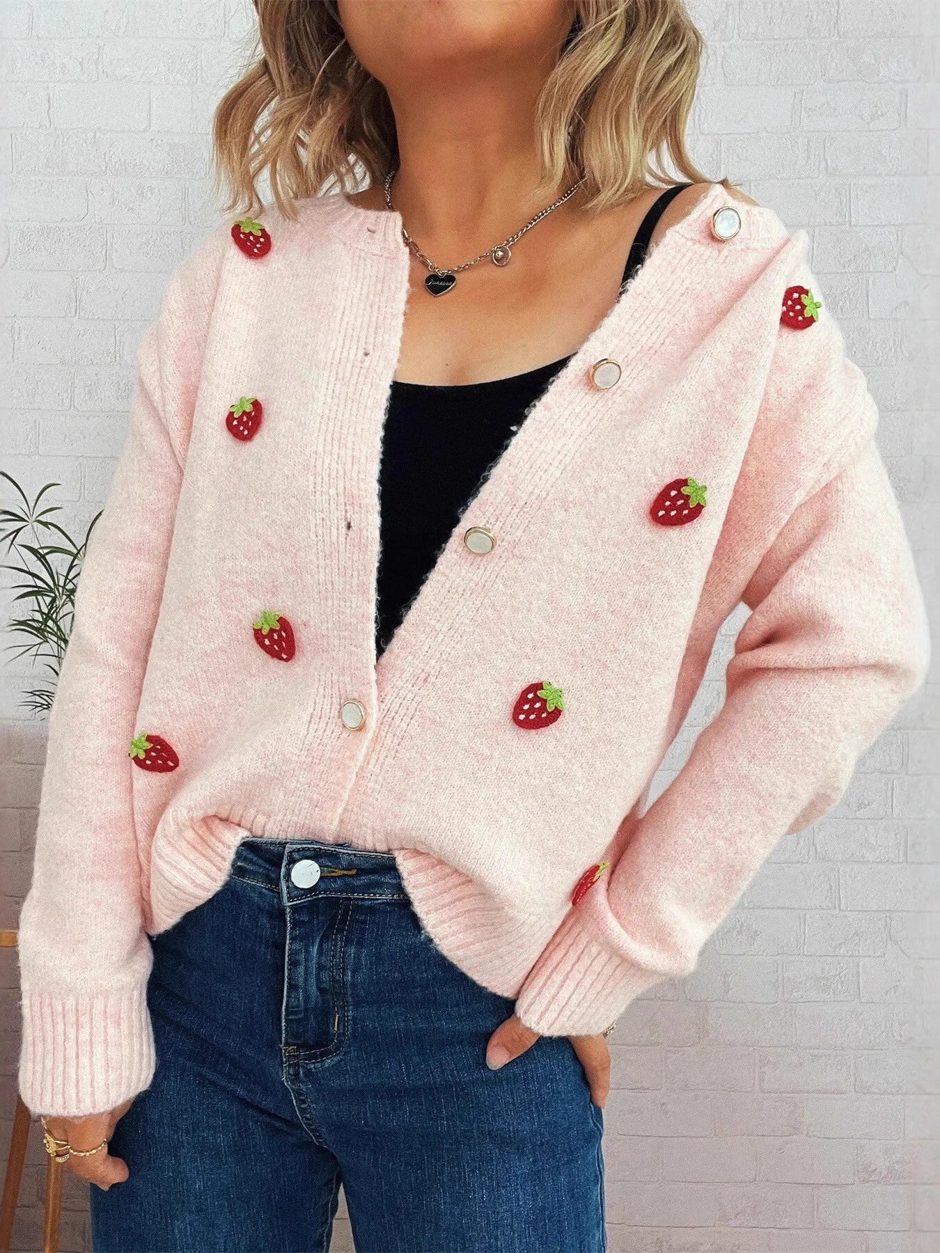 Strawberry Button Up Long Sleeve Cardigan Trendsi