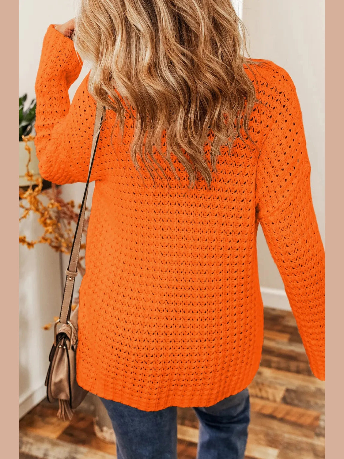 Openwork Round Neck Long Sleeve Sweater Trendsi