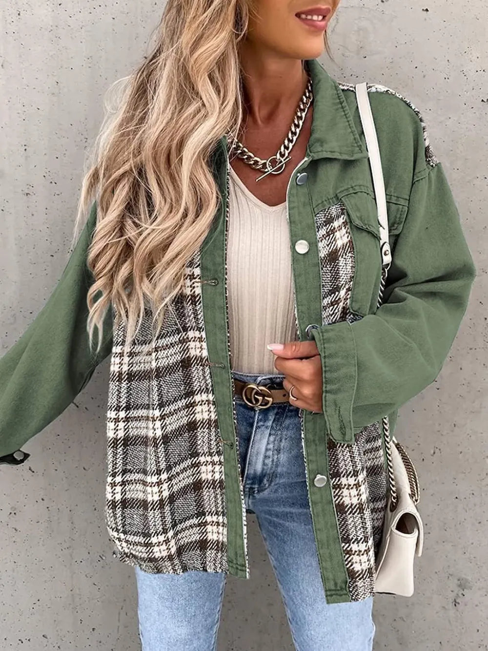 Plaid Button Up Dropped Shoulder Jacket nicholesgifts