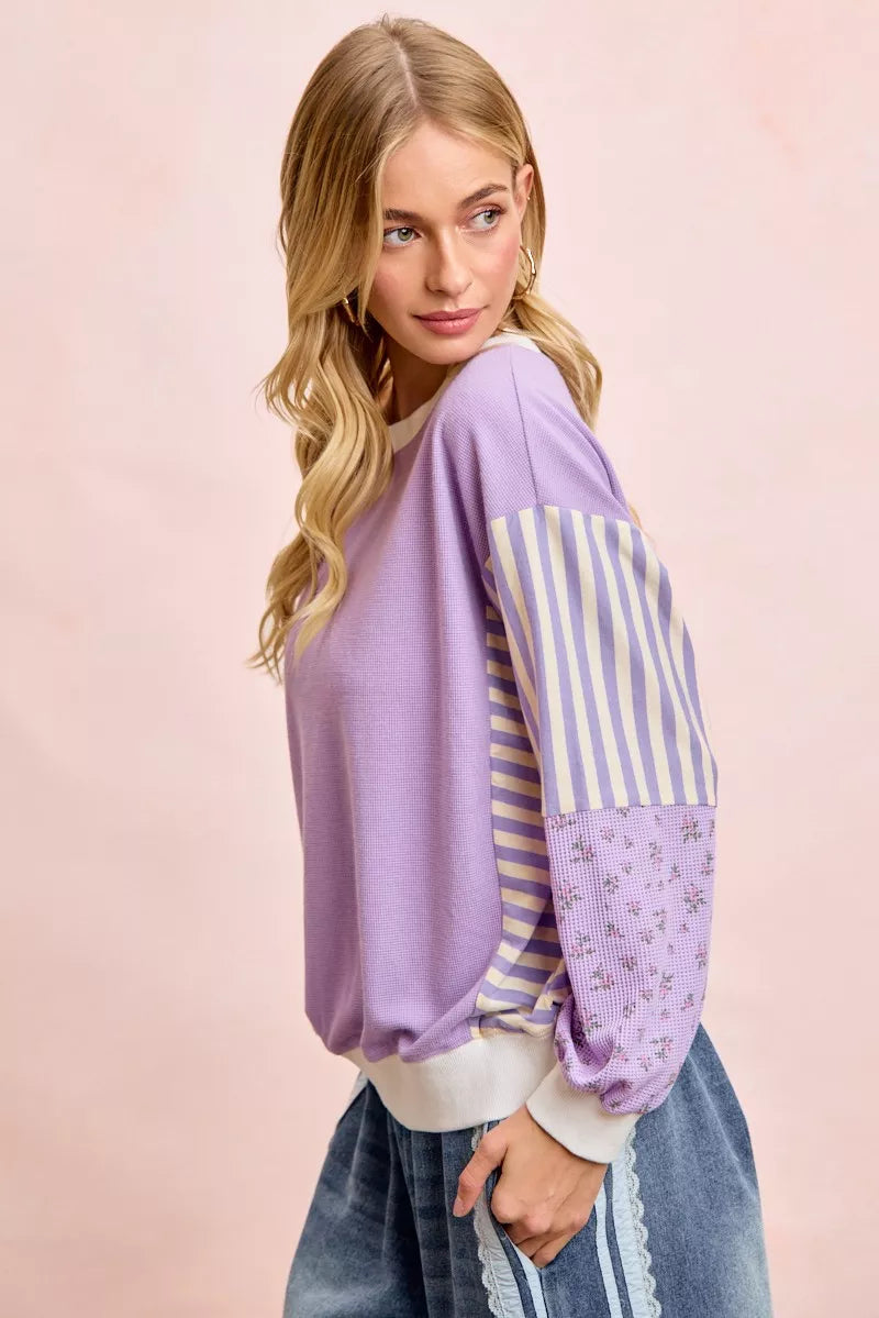 BiBi Mix and Match Sweatshirt with Floral Sleeve Striped Trendsi