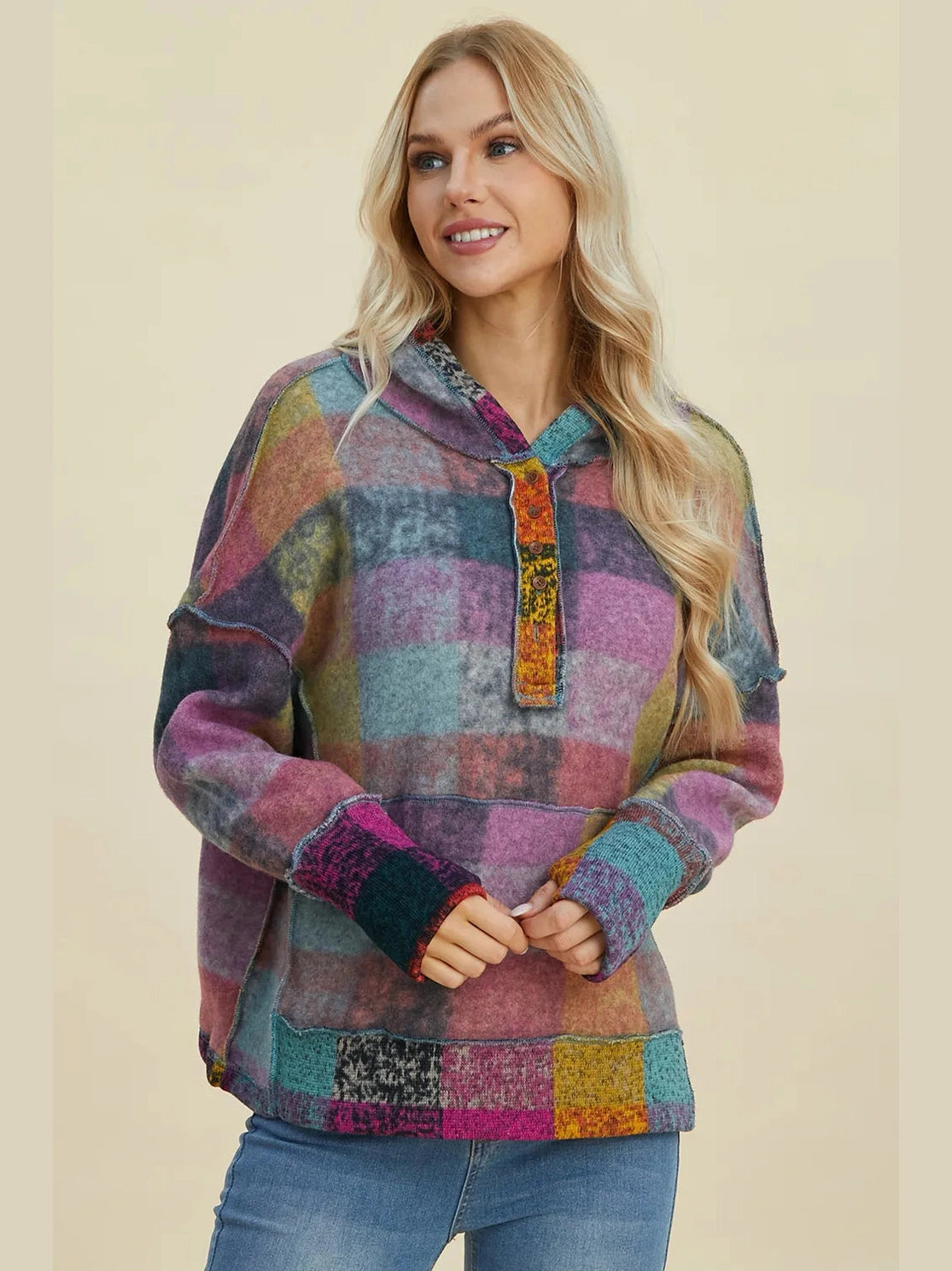 Double Take Full Size Plaid Dropped Shoulder Fleece Hoodie Trendsi