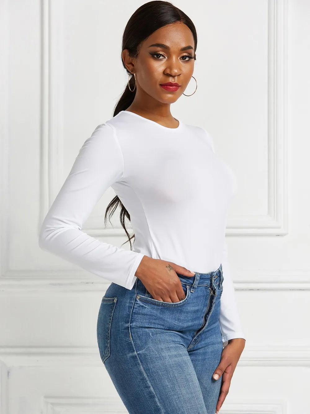 Round Neck Long Sleeve Bodysuit nicholesgifts