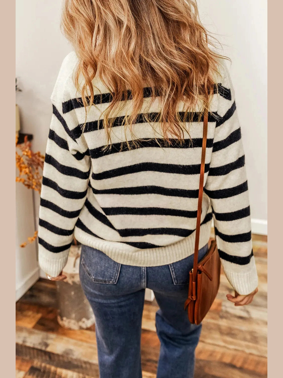 Striped Collared Neck Long Sleeve Sweater Trendsi