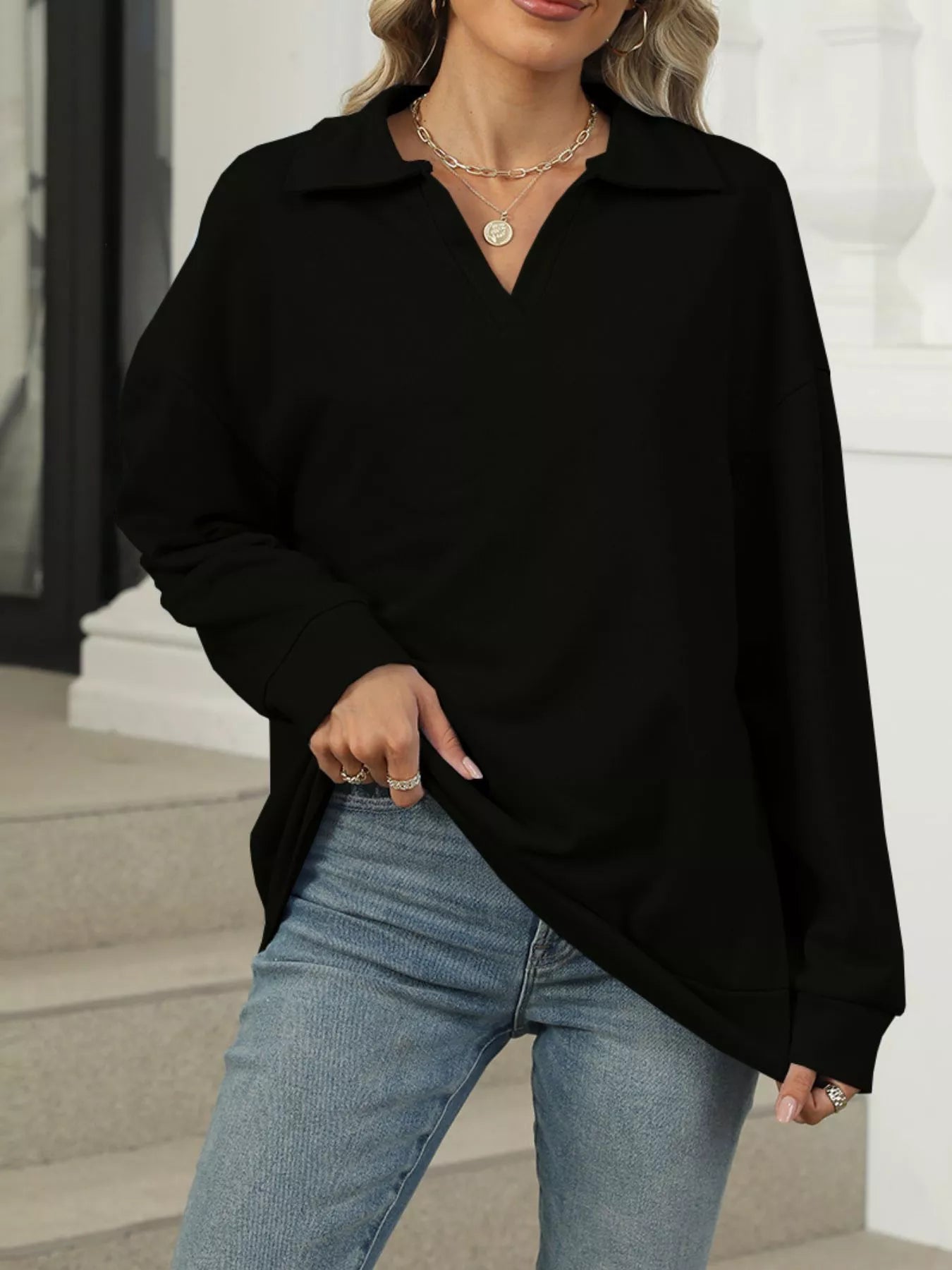 Johnny Collar Long Sleeve Sweatshirt Trendsi