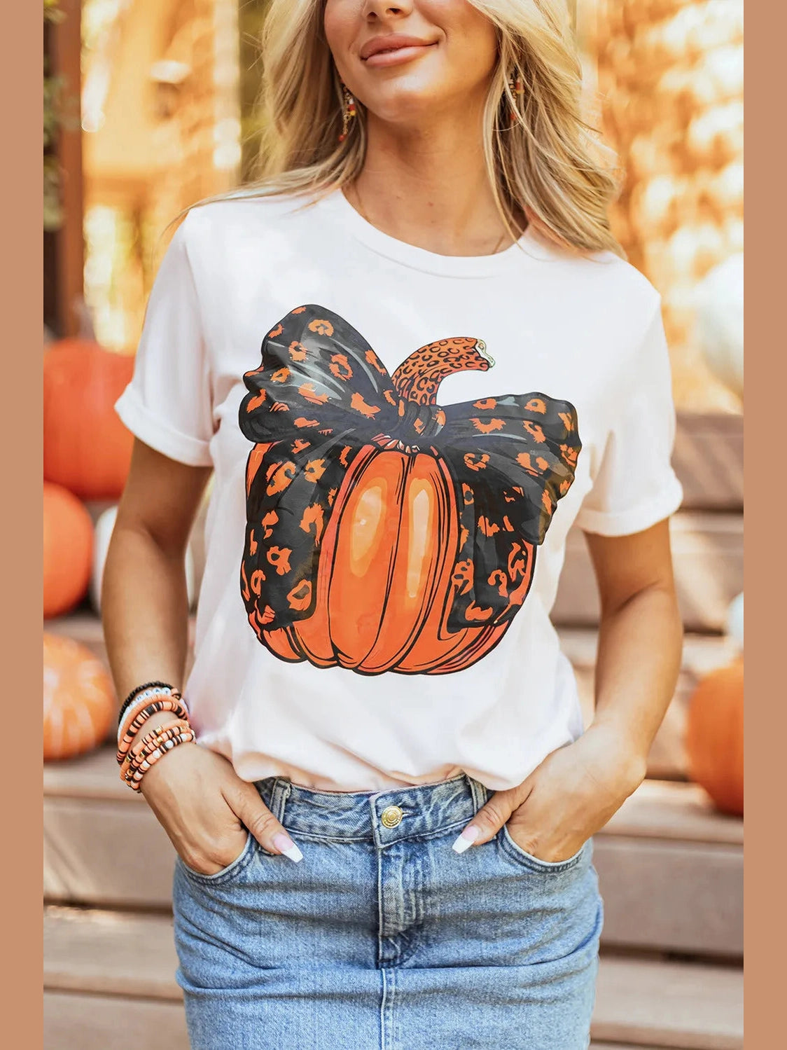 Pumpkin Round Neck Short Sleeve T-Shirt Trendsi