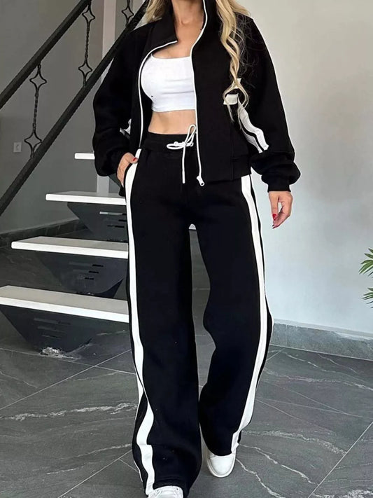 Full Size Contrast Stripe Zip Up Jacket and Pants Set Plus Size nicholesgifts