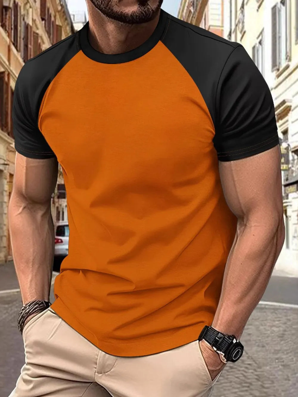 Men's Full Size Round Neck Contrast T-Shirt Plus Size Trendsi
