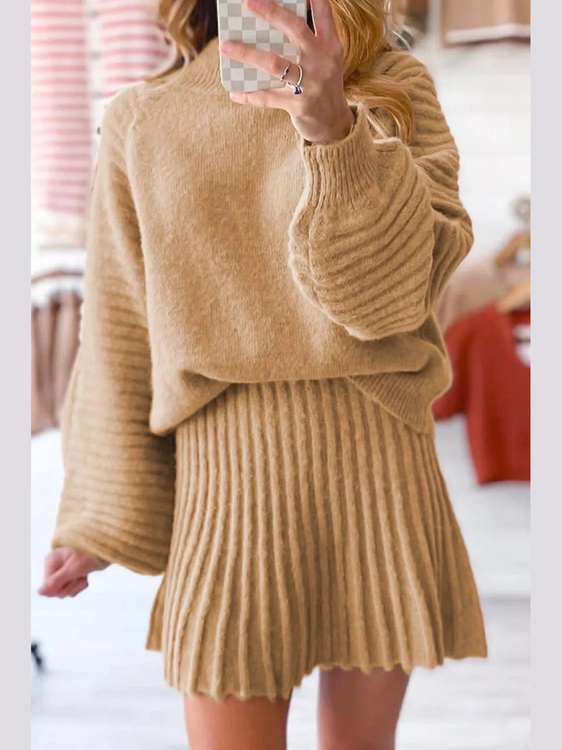 Ribbed Knit Long Sleeve Top and Skirt Sweater Set nicholesgifts